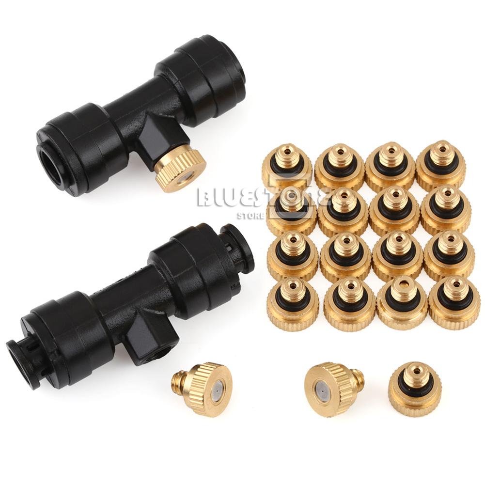20pcs 0.3 mm Brass Misting Nozzles + 2pcs 1/4" Misting Nozzle Tees Set